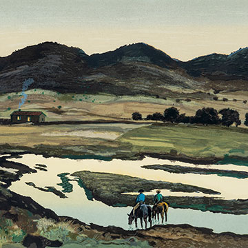 a landscape painting with men riding horses in the foreground and a house and mountains in the background. The horses are drinking out of a watering hole that is also in the foreground.